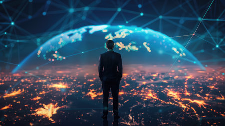 Businessman with a visual metaphor of global network and data flow, showcasing international connectivity and digital exchanges across continentsの素材