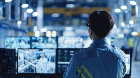Focused security guard overseeing several monitors with live 5G surveillance camera feeds, safeguarding the manufacturing facilityの素材