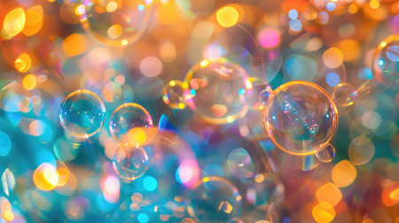 Radiant reflections: Soap bubbles with light shining through them, creating an abstract, colorful background full of luminous patternsの素材