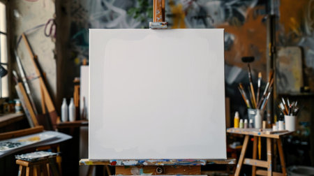 Blank canvas on an easel with art suppliesの素材