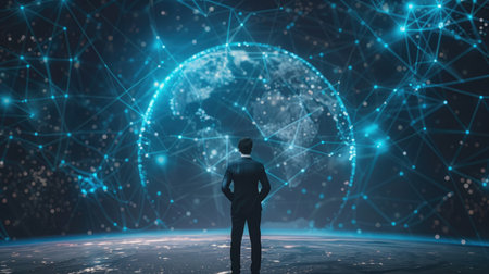 Businessman demonstrating global network and data exchanges, emphasizing the interconnected nature of modern business and digital communicationの素材