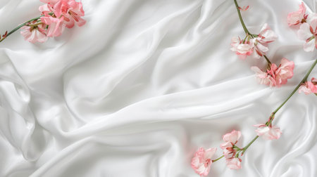 Wedding elegance: Delicate pink flowers on a white satin sheet with a blank wedding invitation mockup, highlighting minimalistic beautyの素材