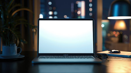 Modern laptop with a blank screen on a deskの素材