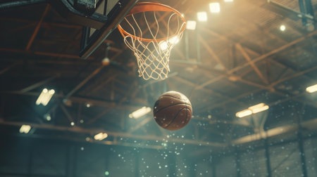 Action shot of a basketball mid-air about to enter the hoop during an intense game.の素材