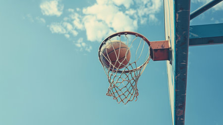 Basketball perfectly aligned with the hoop, captured in the moment of scoringの素材