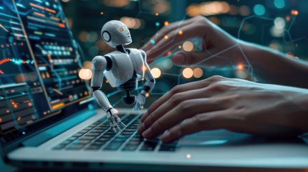 Human hands interacting with AI personas on a laptop display, orchestrating business operations and financial planning with expertise.の素材