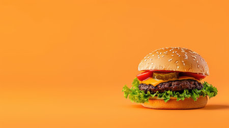 Classic burger set against an orange background, with a generous amount of space for extra text or images.の素材