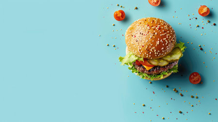 Mouth-watering burger on a bold blue background, with lots of empty space for adding text or other visuals.の素材