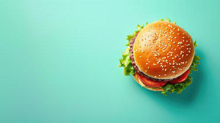 Gourmet burger on a turquoise background, providing plenty of room for inserting custom messages or images.の素材