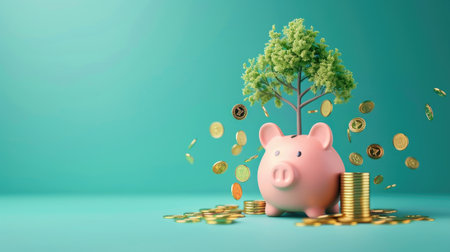 Pink piggy bank with gold coins and trees emerging from slots, isolated on a solid teal background, representing eco-friendly investment.の素材