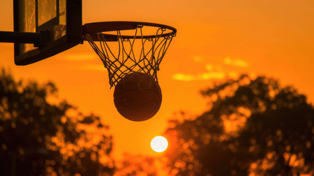 Silhouette of a basketball passing through the hoop at sunset, creating a dramatic scene.の素材
