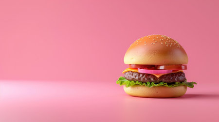 Cheeseburger on a pink background, with extensive empty space around for adding promotional text or visuals.の素材