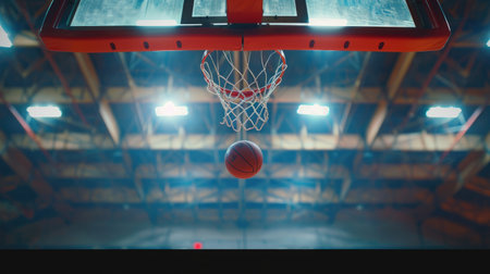 Dramatic shot of a basketball falling through the hoop, with a gymnasium ceiling as the background.の素材