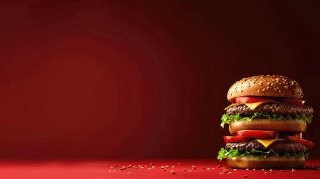 Double burger on a dark red background, with generous empty space for custom text or extra images.の素材