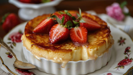 A beautifully decorated custard pudding with a caramelized sugar crust and sliced strawberries on top.の素材