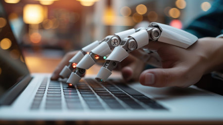 Hands of a financial analyst interacting with an AI chatbot on a laptop, seeking guidance for optimizing investment strategiesの素材