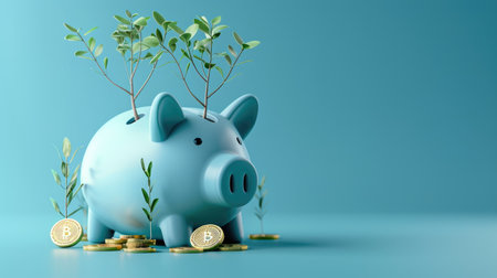 Eco-themed piggy bank with gold coins and trees sprouting from coin slots, on a single-color blue background.の素材