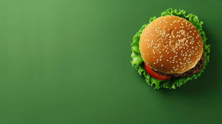 Tasty burger on a green background, offering extensive space for inserting additional images or promotional text.の素材
