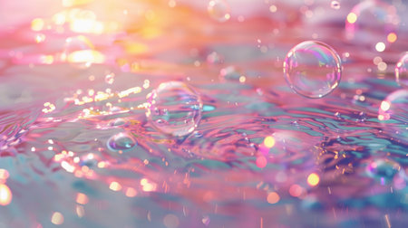 Captivating image of a calm water surface adorned with mesmerizing splashing ripples and delicate soap bubbles, perfect for a summer-themed banner.の素材
