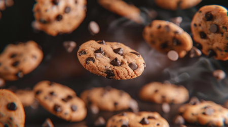 A mouthwatering sight of chocolate chip cookies gracefully falling in a motion blur, creating a dynamic and appetizing composition.の素材