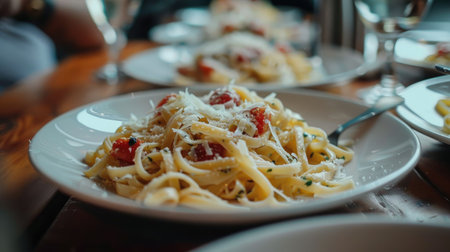 Mouth-watering plates of pasta adorned with savory grated Parmesan cheese, captured from a low angle view on a wooden tabletop.の素材