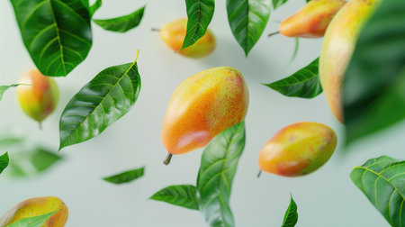 Mango delicately floating with verdant leaves on a white background, portraying the magic and allure of tropical indulgenceの素材