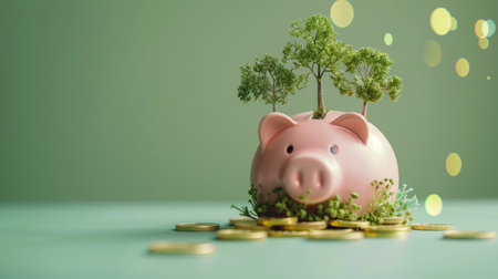 Piggy bank with gold coins and small trees growing out of coin slots, isolated on a green background, symbolizing eco-friendly savings.の素材