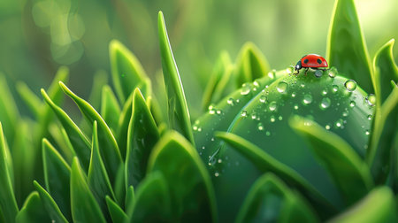 Bright green grass glistening with morning dew, with a lone ladybug moving among the succulent leaves, creating a serene nature sceneの素材