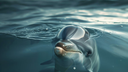 Curious dolphin peeking above the ocean's surface, its intelligent eyes reflecting the wonder of marine lifeの素材