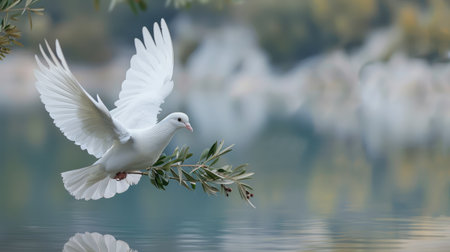 A white dove gracefully carries an olive branch, its flight symbolizing the universal aspiration for peace and unity.の素材