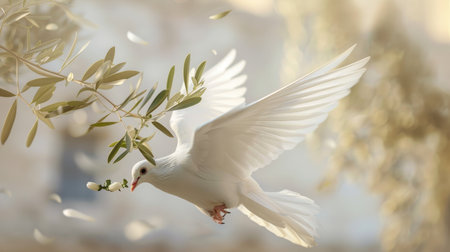 A white dove gracefully carries an olive branch, its flight symbolizing the universal aspiration for peace and unity.の素材