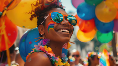 Cheerful participants adorned in rainbow attire, spreading love and acceptance at an LGBT parade with a sky full of colorful balloonsの素材