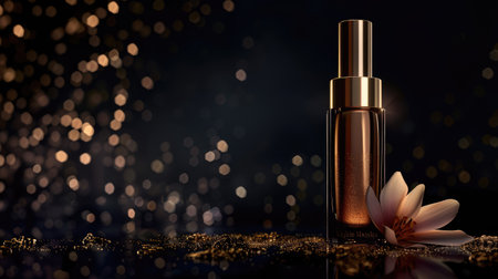 Exquisite luxury cosmetic bottle adorned with satin elements, gleaming against a dark background in an alluring adの素材