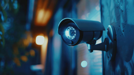 Close-up of a high-tech security camera with night vision capabilities, essential for an effective home security systemの素材