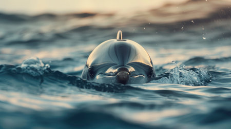 Curious dolphin peeking above the ocean's surface, its intelligent eyes reflecting the wonder of marine lifeの素材