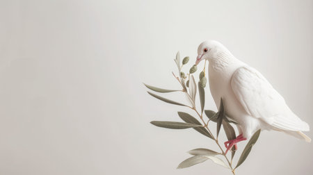 Tranquil white dove holding an olive branch, creating a serene scene against a white backdrop, ideal for text insertionの素材