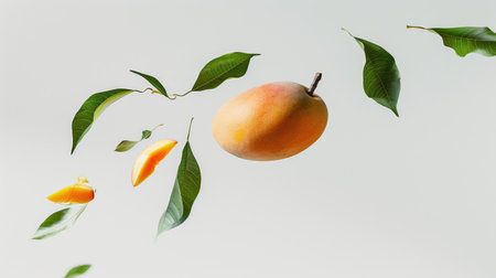 Ripe mango suspended mid-air with green leaves against a pristine white backdrop, evoking a sense of tropical freshness and delightの素材