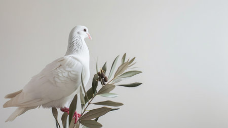 Peaceful symbolism: White dove holding an olive branch, set against a white backdrop, providing space for impactful textの素材