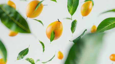 Mango magically floating in the air accompanied by lush green leaves, creating a whimsical scene against a clean white backgroundの素材