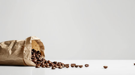 Coffee beans spill from a brown paper bag onto a clean white background, embodying the warmth and comfort of a perfect cupの素材