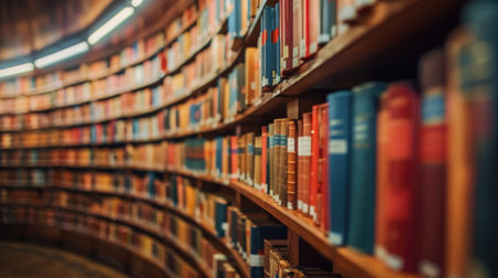 Neatly arranged books line the shelves of a tranquil library, creating a serene atmosphere perfect for study and reflectionの素材