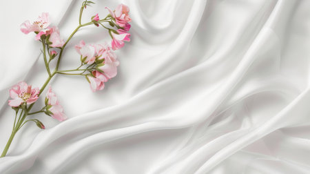 Wedding elegance: Delicate pink flowers on a white satin sheet with a blank wedding invitation mockup, highlighting minimalistic beautyの素材