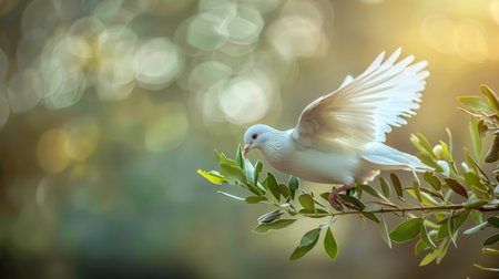A white dove gracefully carries an olive branch, its flight symbolizing the universal aspiration for peace and unity.の素材