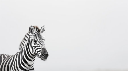 Striking zebra standing tall against a pristine white backdrop, its unique black and white stripes drawing attention in the minimalist settingの素材