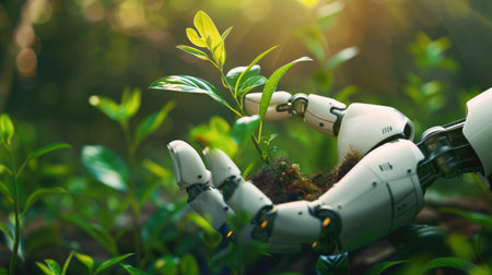 Artificial intelligence and technology ecology concept: Robot hand nurturing small plants, showcasing innovation in green technology and environmental sustainabilityの素材