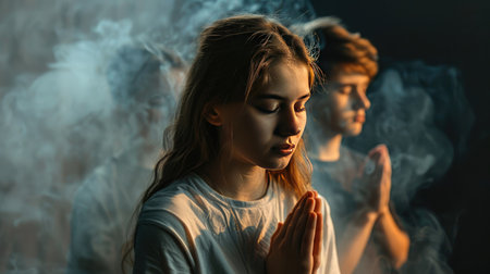 Prayerful youth: Teenagers in deep prayer, smoke adding a mystical element, against a dark gray-black backdrop with copy spaceの素材