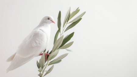 Tranquil white dove holding an olive branch, creating a serene scene against a white backdrop, ideal for text insertionの素材