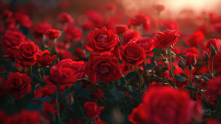 Romantic abundance: A sea of red roses with soft, blurred background, creating a lush and vibrant display of romantic flowersの素材