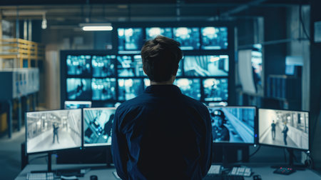 Focused security guard overseeing several monitors with live 5G surveillance camera feeds, safeguarding the manufacturing facilityの素材