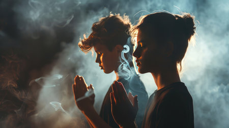 Prayerful youth: Teenagers in deep prayer, smoke adding a mystical element, against a dark gray-black backdrop with copy spaceの素材